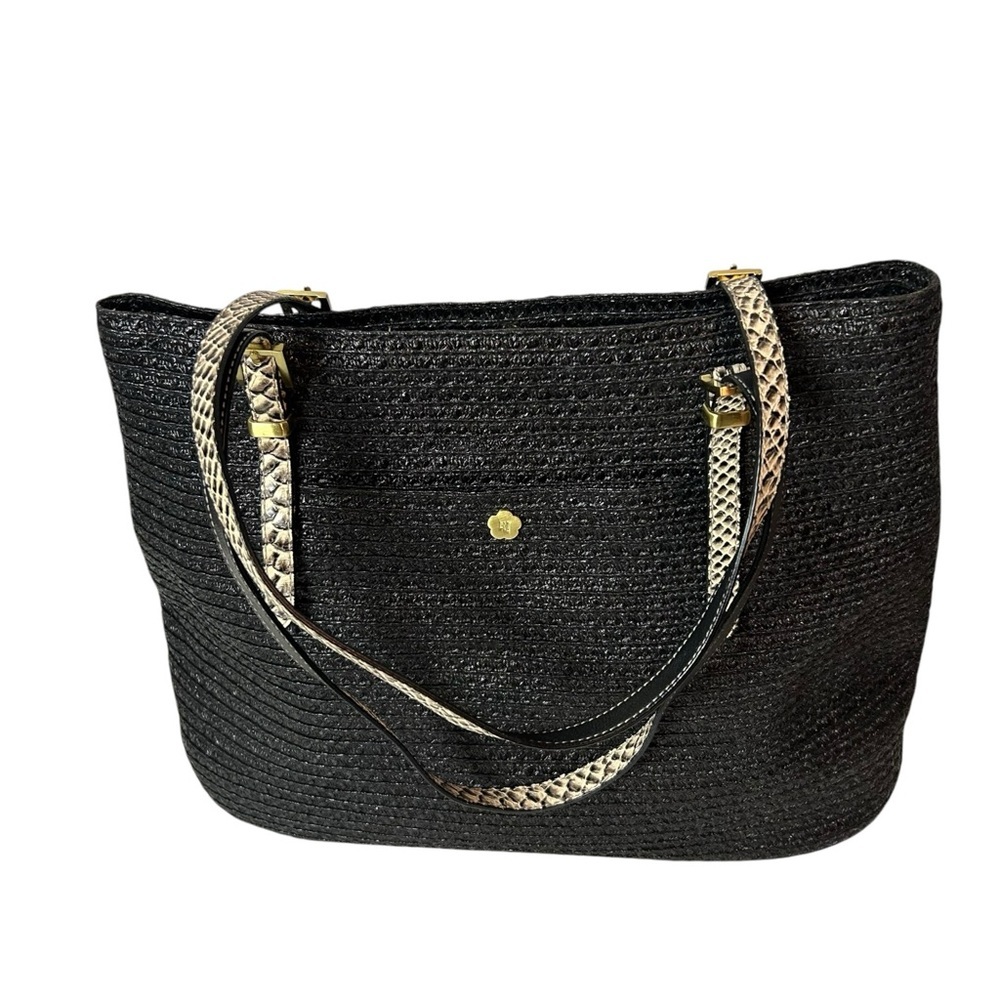 Eric Javitz women’s black straw tote bag with leather handles - Picture 3 of 7
